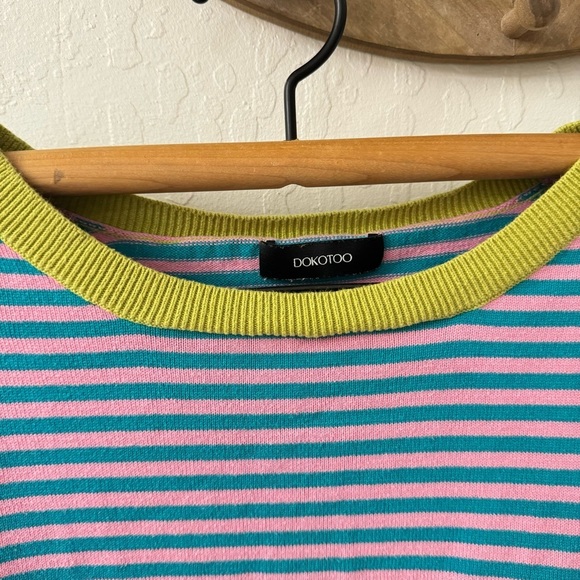 Pink blue green striped pull over loose knit sweater size large cotton - Picture 4 of 5